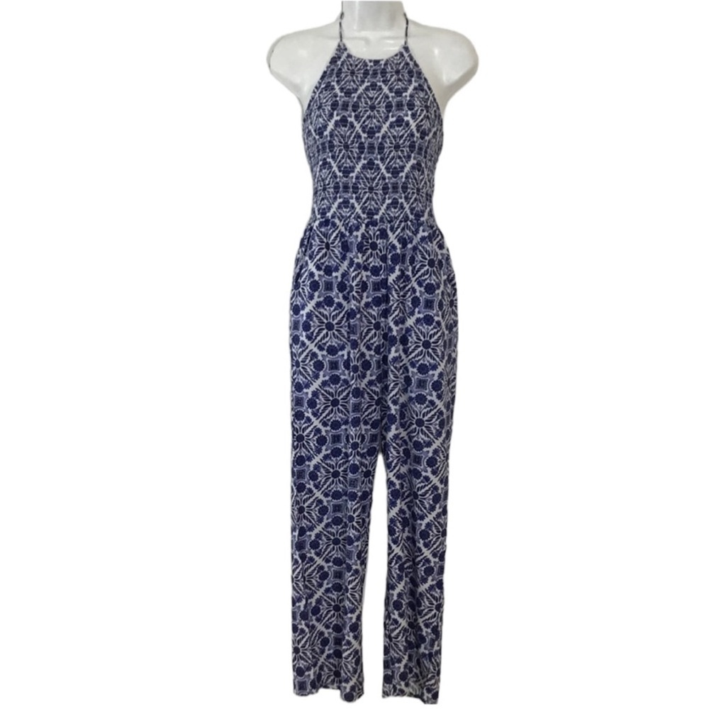 Patrons Of Peace Boho Blue White Floral Smocked Halter Jumpsuit Size XS …